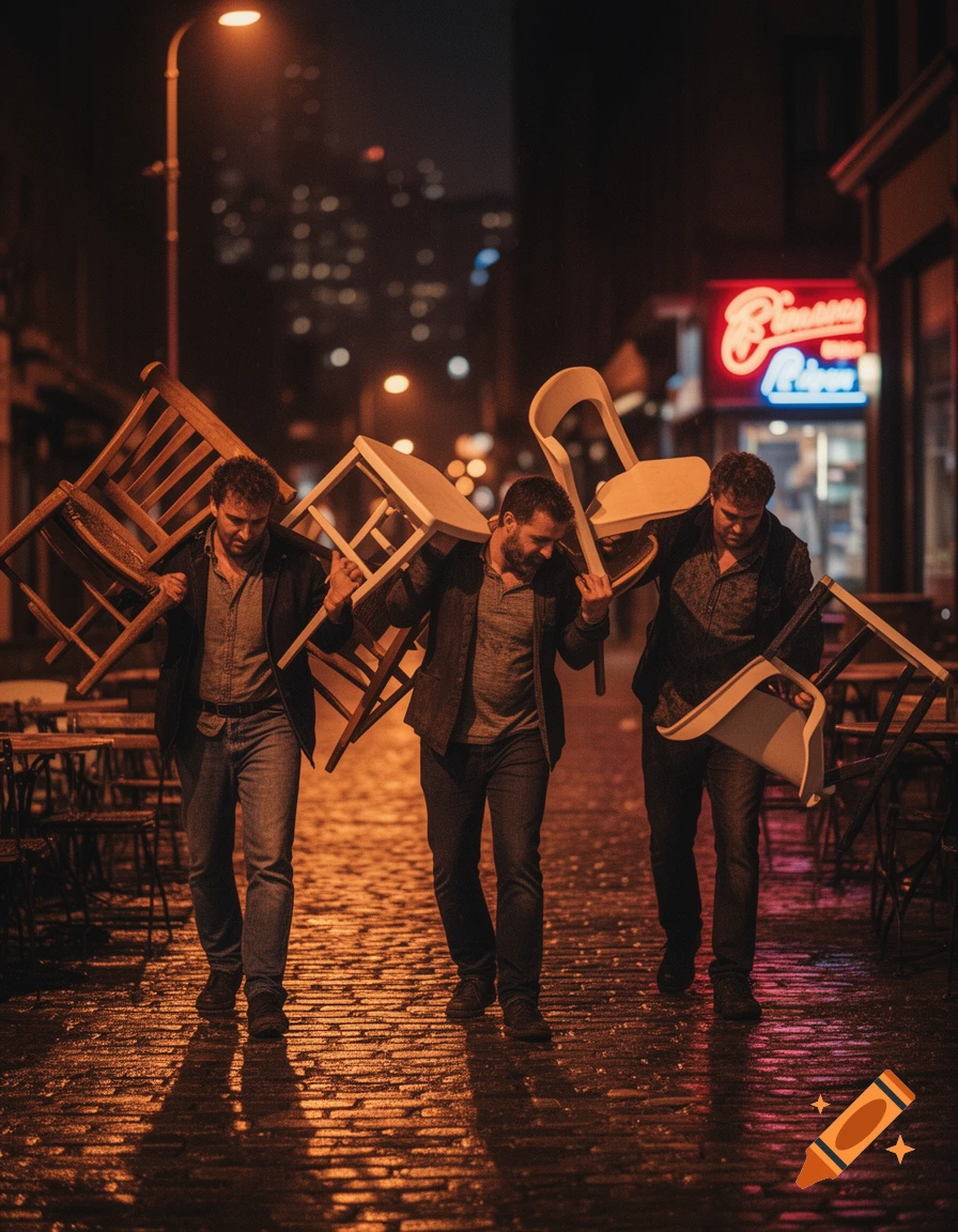 Three men carry chairs down a wet cobblestone street at night, illuminated by streetlights and neon signs.