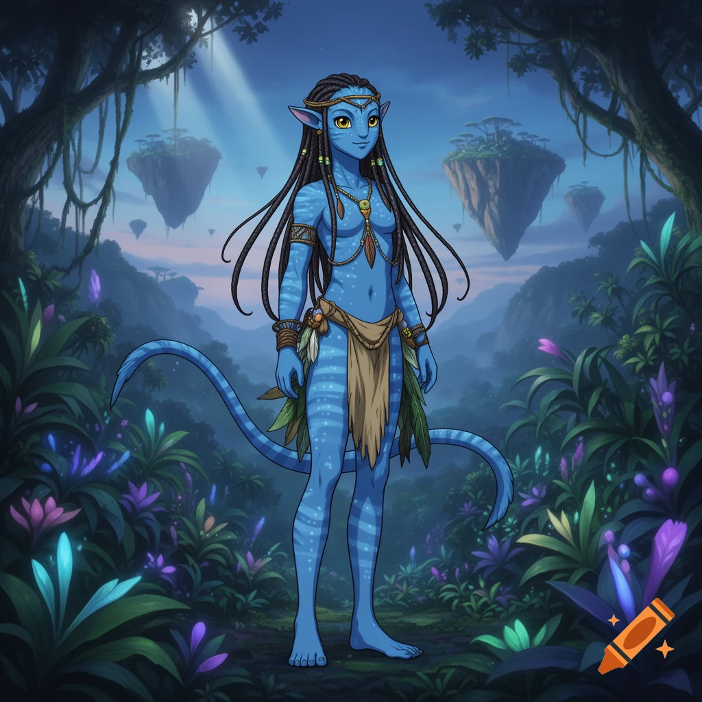 An anime-style blue Na'vi character from Avatar, adorned with tribal jewelry and a loincloth, stands in a lush jungle with floating islands.