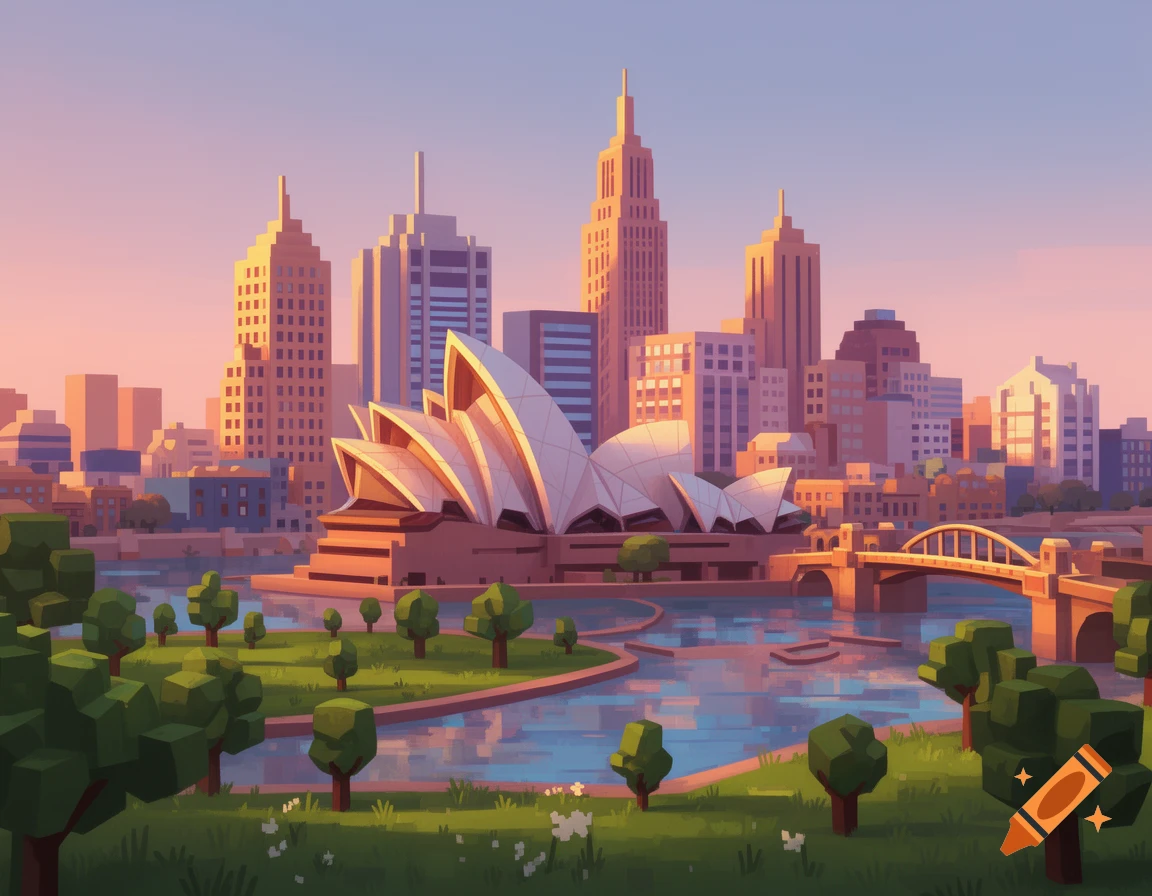 Stylized cityscape with the Sydney Opera House and other buildings at sunset, with a river and low-poly trees in the foreground.