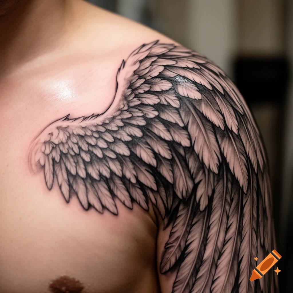 Detailed black and white angel wing tattoo on a person's shoulder, depicting realistic feathers.