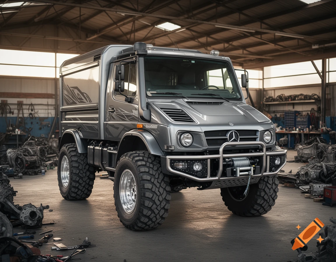 A custom grey Mercedes-Benz Unimog truck with large off-road tires and a front winch bumper sits in a garage filled with automotive parts.