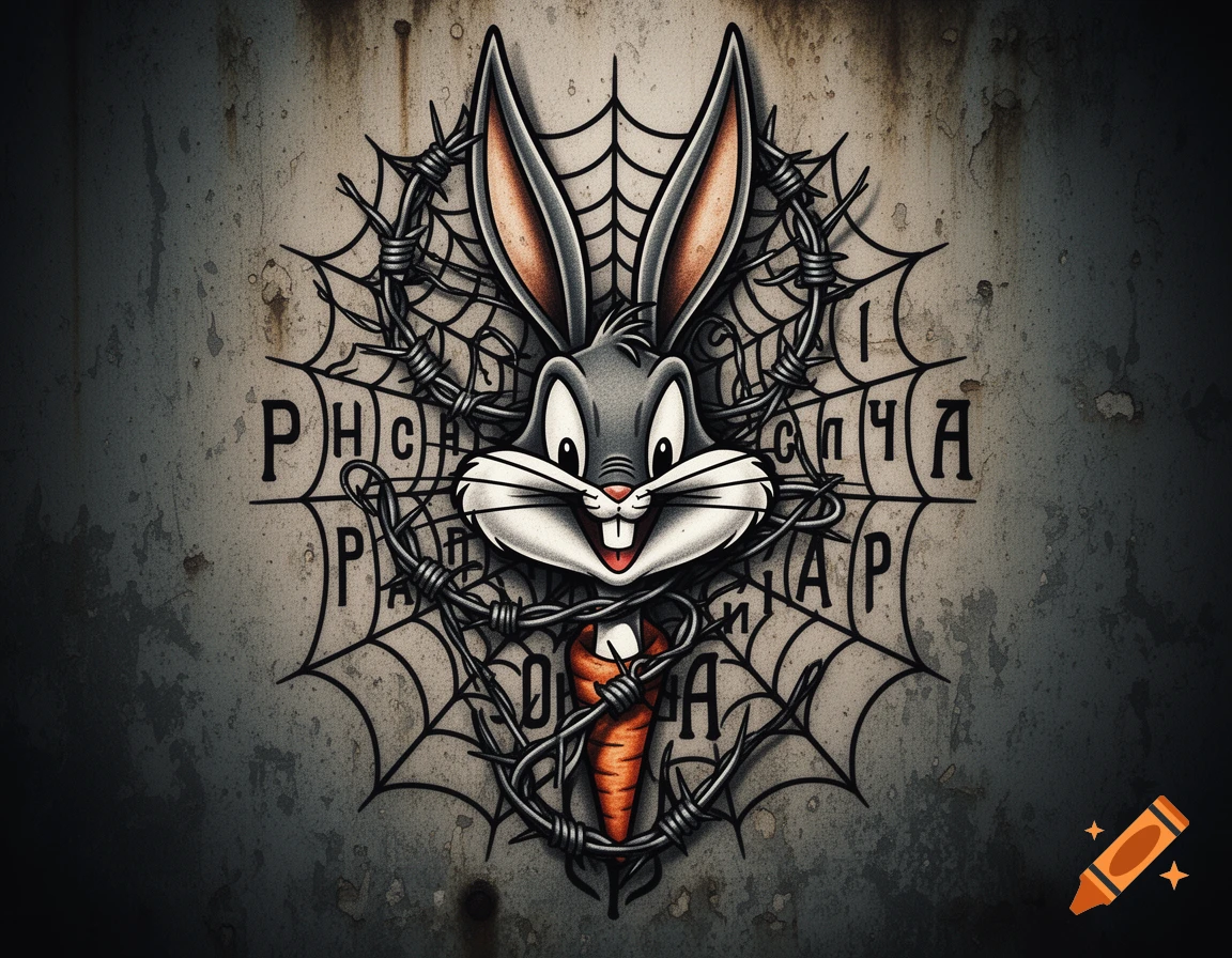 Tattoo-style image of Bugs Bunny holding a carrot, encircled by barbed wire and a spiderweb with gibberish text, on a grungy background.