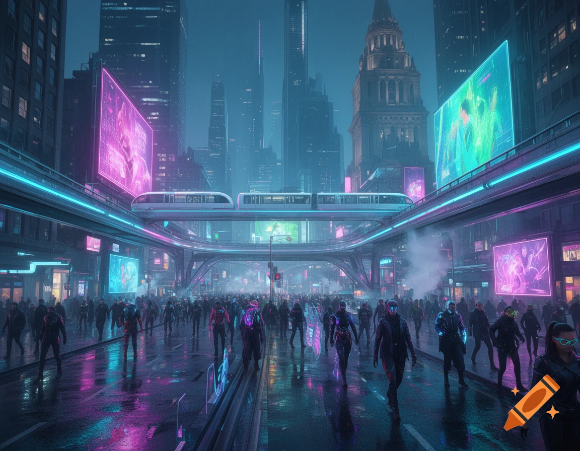 A vibrant, futuristic cyberpunk city at night with towering skyscrapers, neon signs, and people on a wet street under an elevated train.