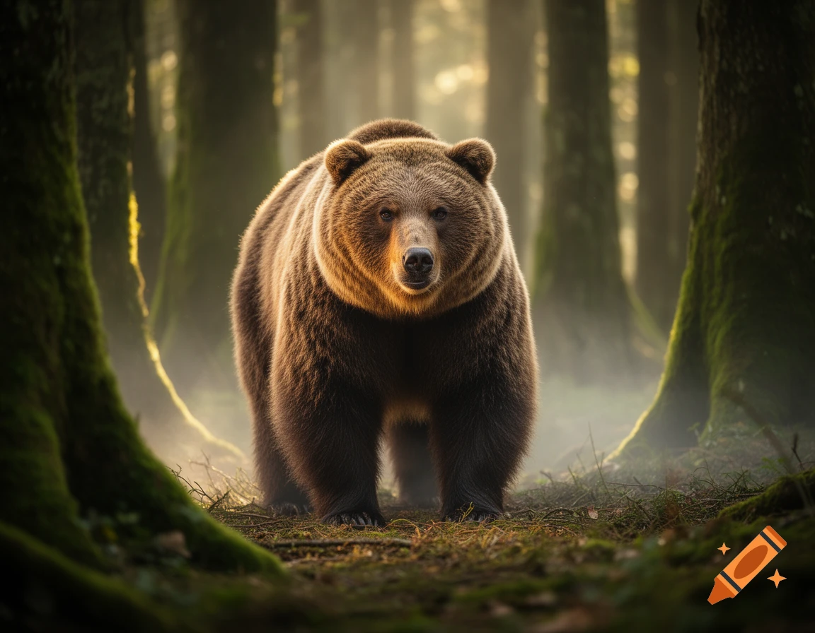 A majestic brown bear stands in a sunlit forest, looking directly forward, in a photorealistic style.