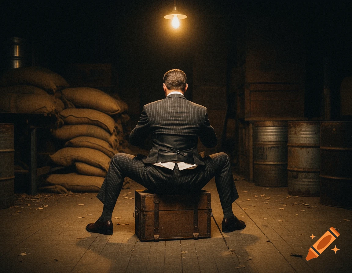 A man in a pinstripe suit sits on a wooden trunk with spread legs in a dimly lit room with sacks and barrels.