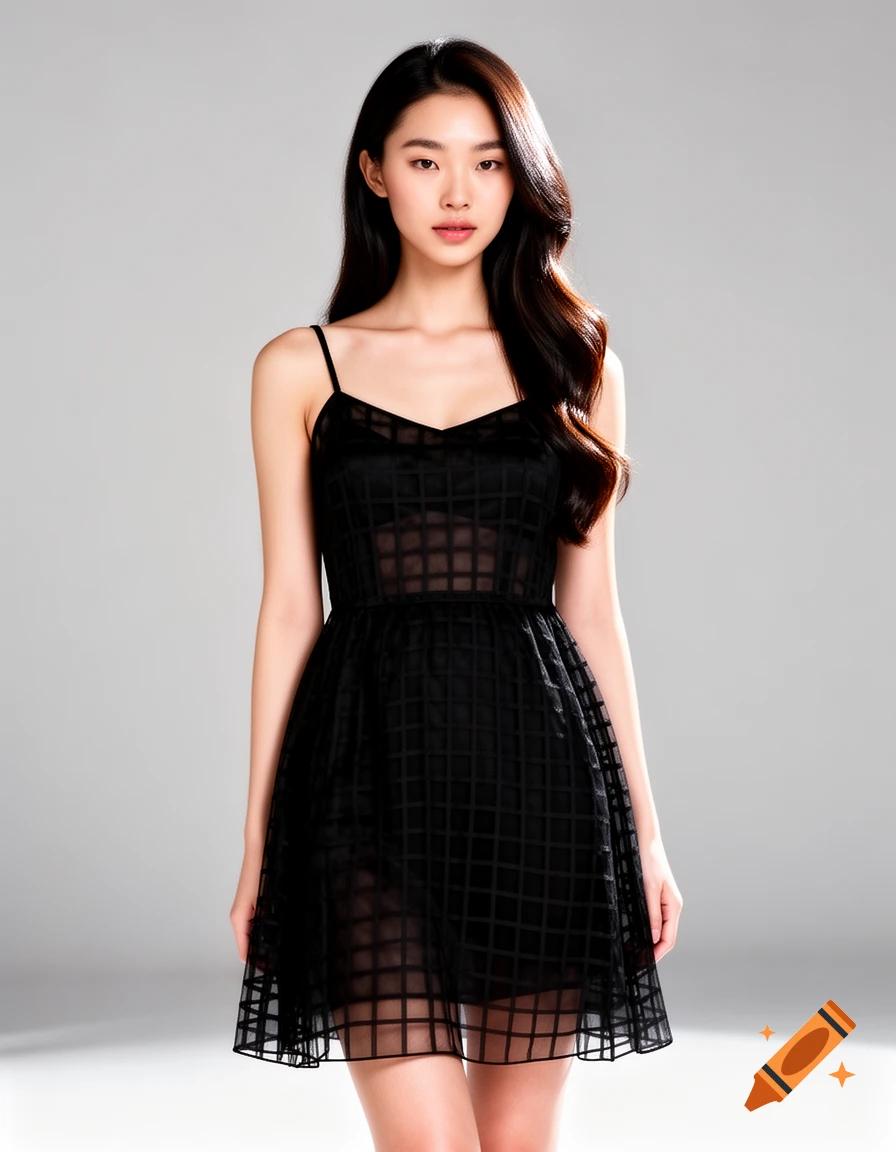 Elegant Asian fashion model wearing a sheer black spaghetti strap dress, standing in a studio.