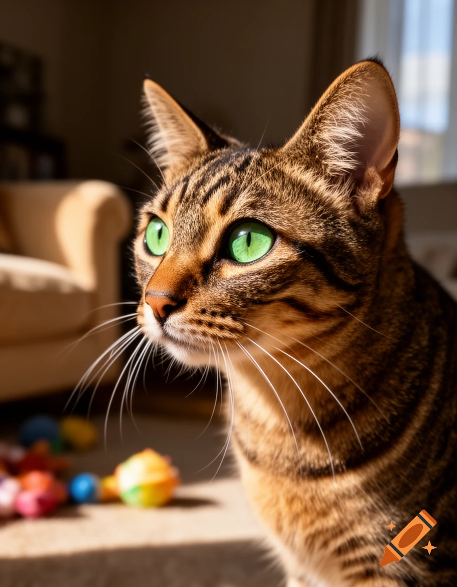 Close-up of a photorealistic tabby cat with bright green eyes, bathed in sunlight, looking left with a blurred indoor background.