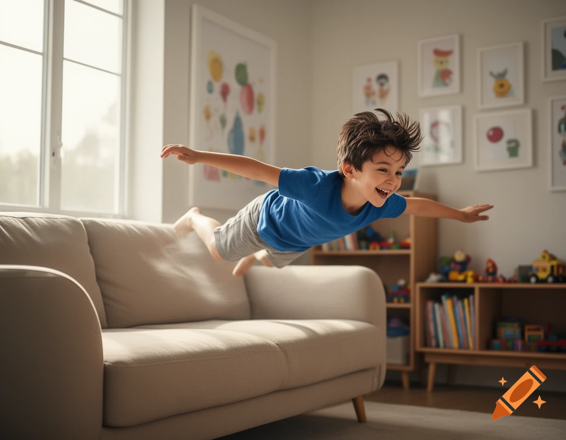A happy boy with outstretched arms appears to fly off a beige couch in a sunlit living room.