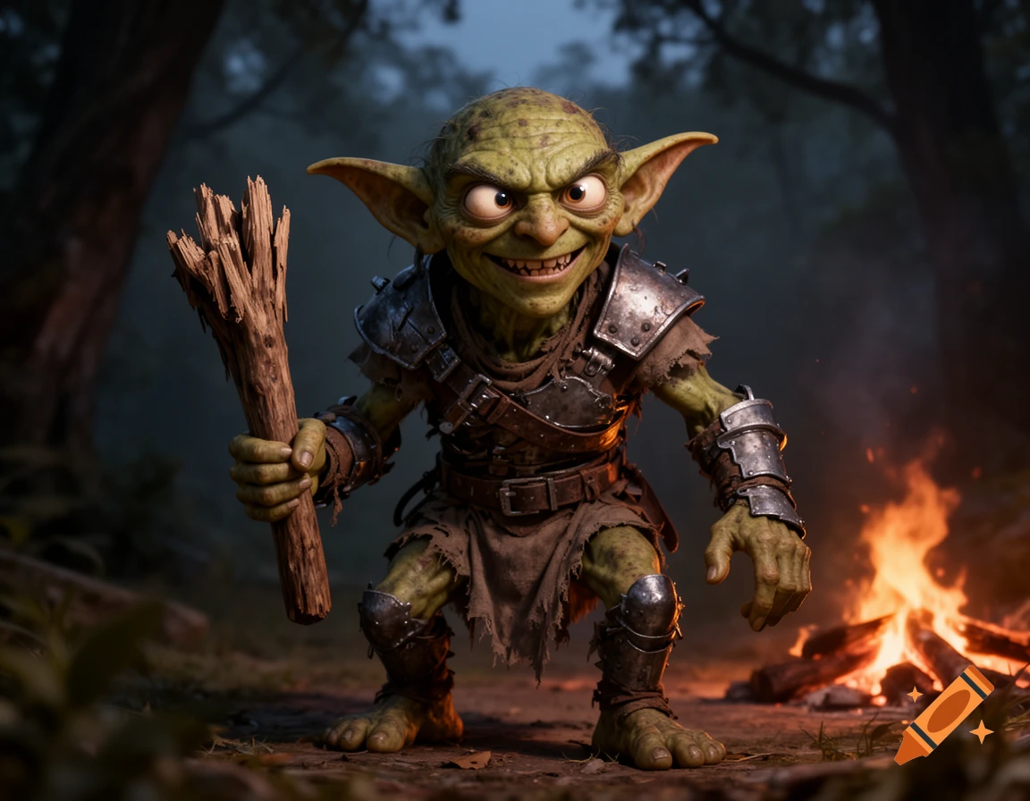 A mischievous green goblin in crude armor holds a wooden club, crouching in a dark forest next to a glowing campfire.