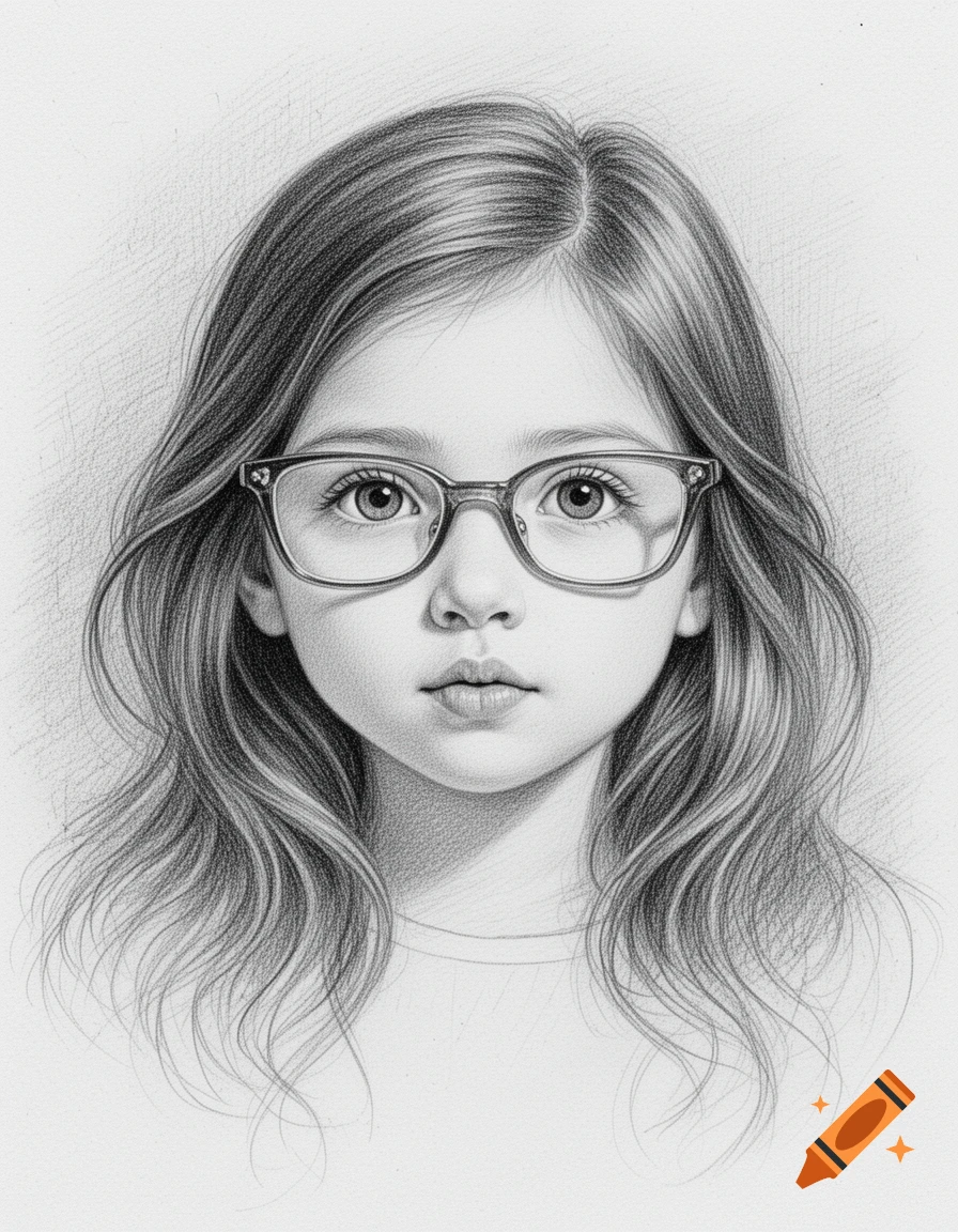 A detailed pencil drawing of a young girl with long, wavy hair and glasses looking directly at the viewer.