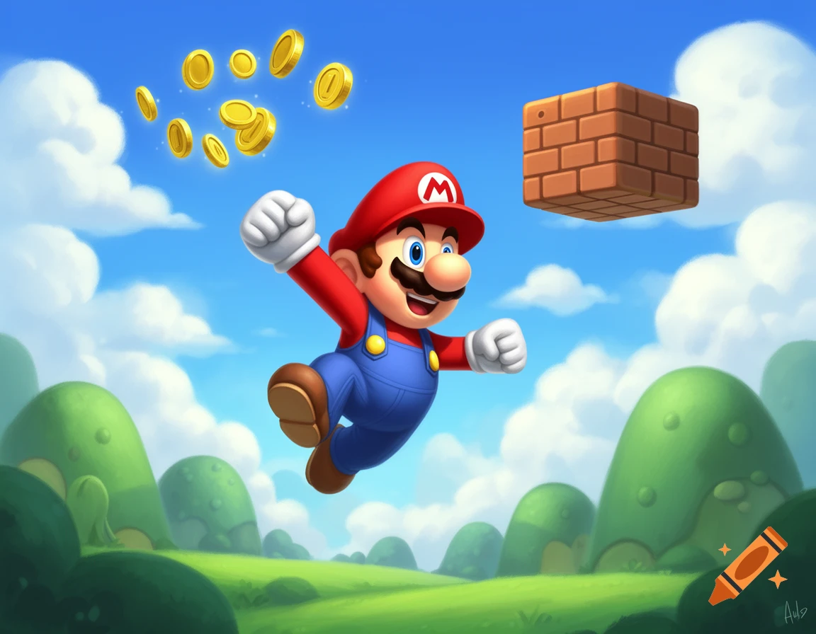 Cartoon illustration of Mario jumping in a green landscape with blue sky, clouds, floating gold coins, and a brick block.