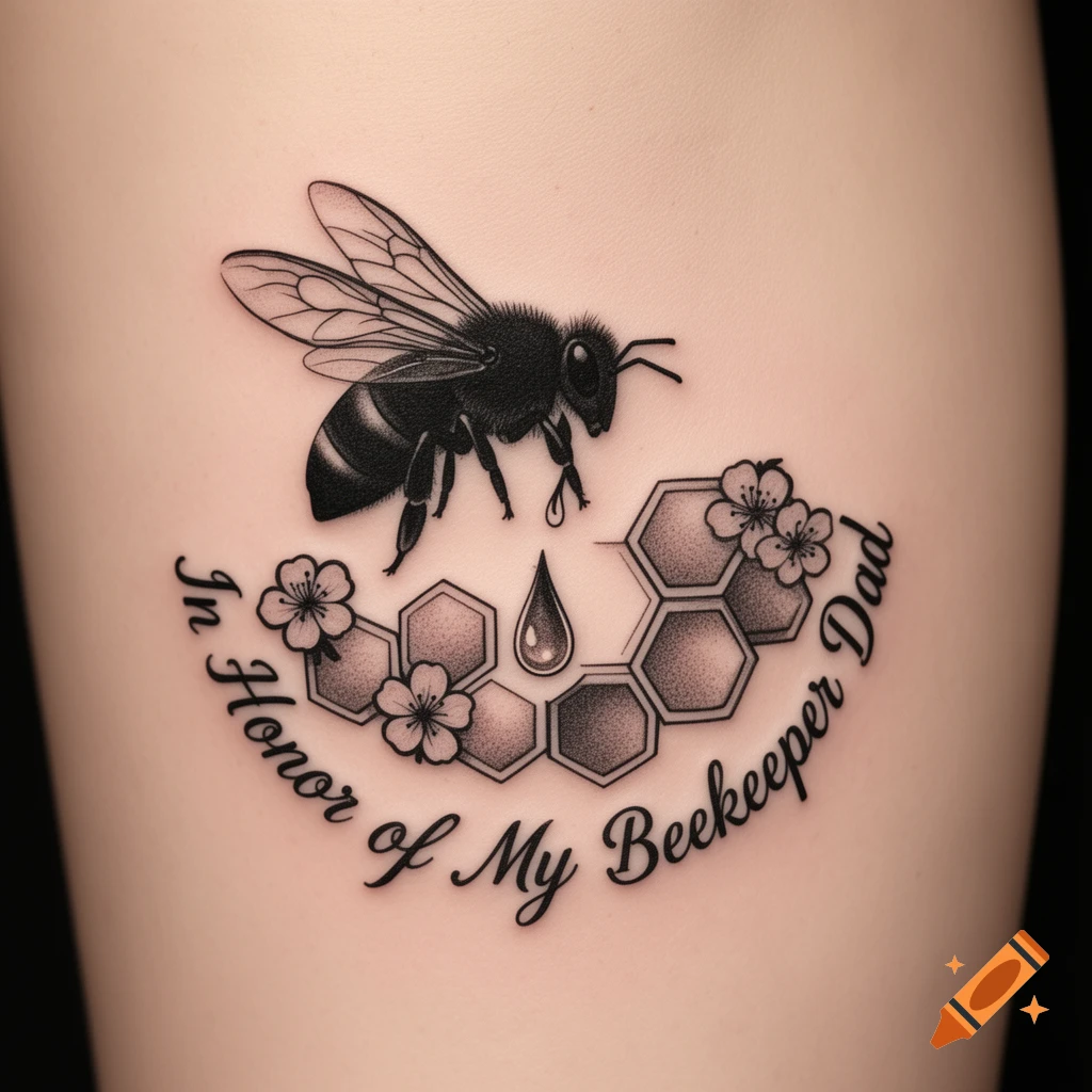 A black and white tattoo of a bee above honeycomb and flowers, with text "In Honor of My Beekeeper Dad" curving below.