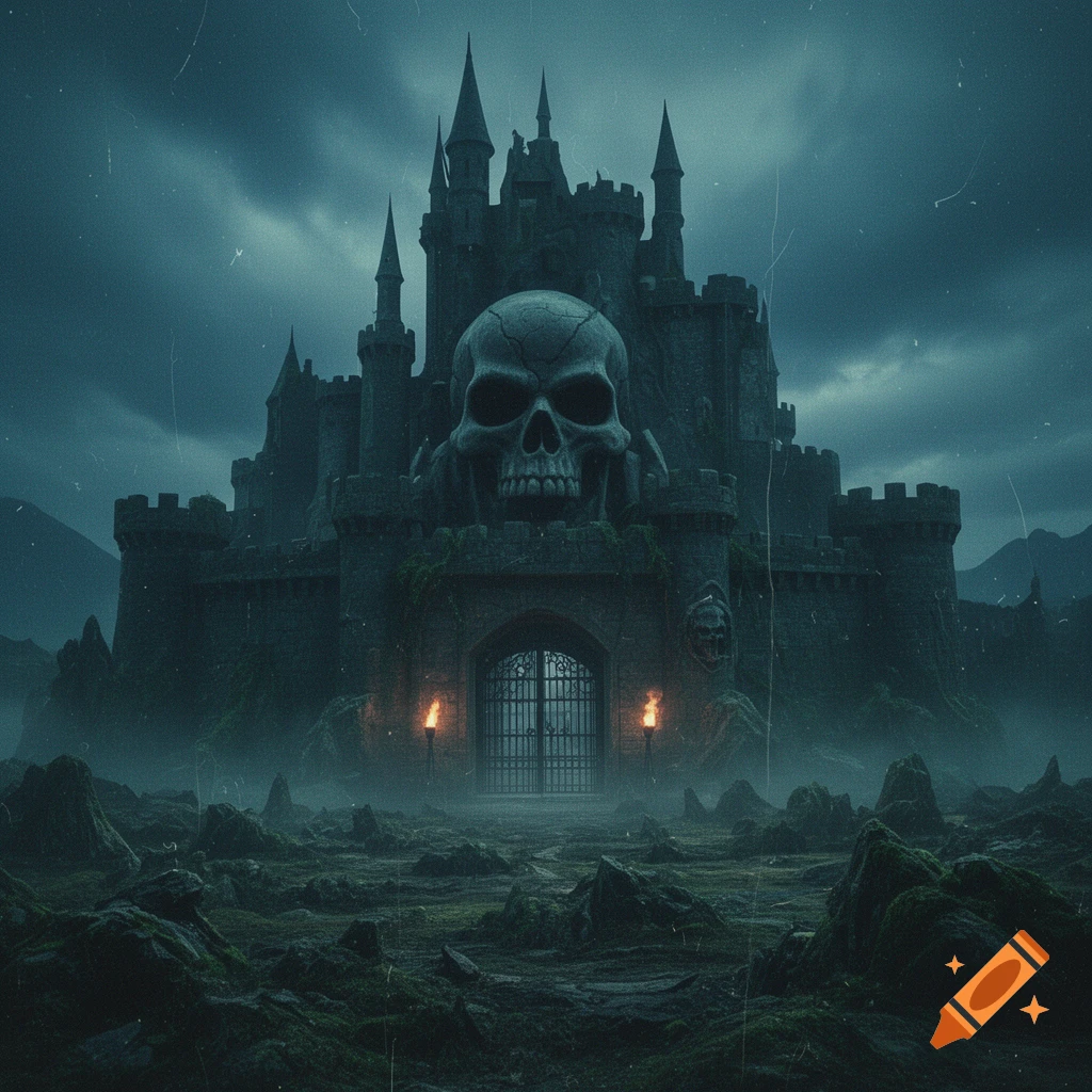An ominous, dark fantasy castle with a large skull facade and spiked turrets, set in a misty, rocky landscape under a stormy sky, with film grain.