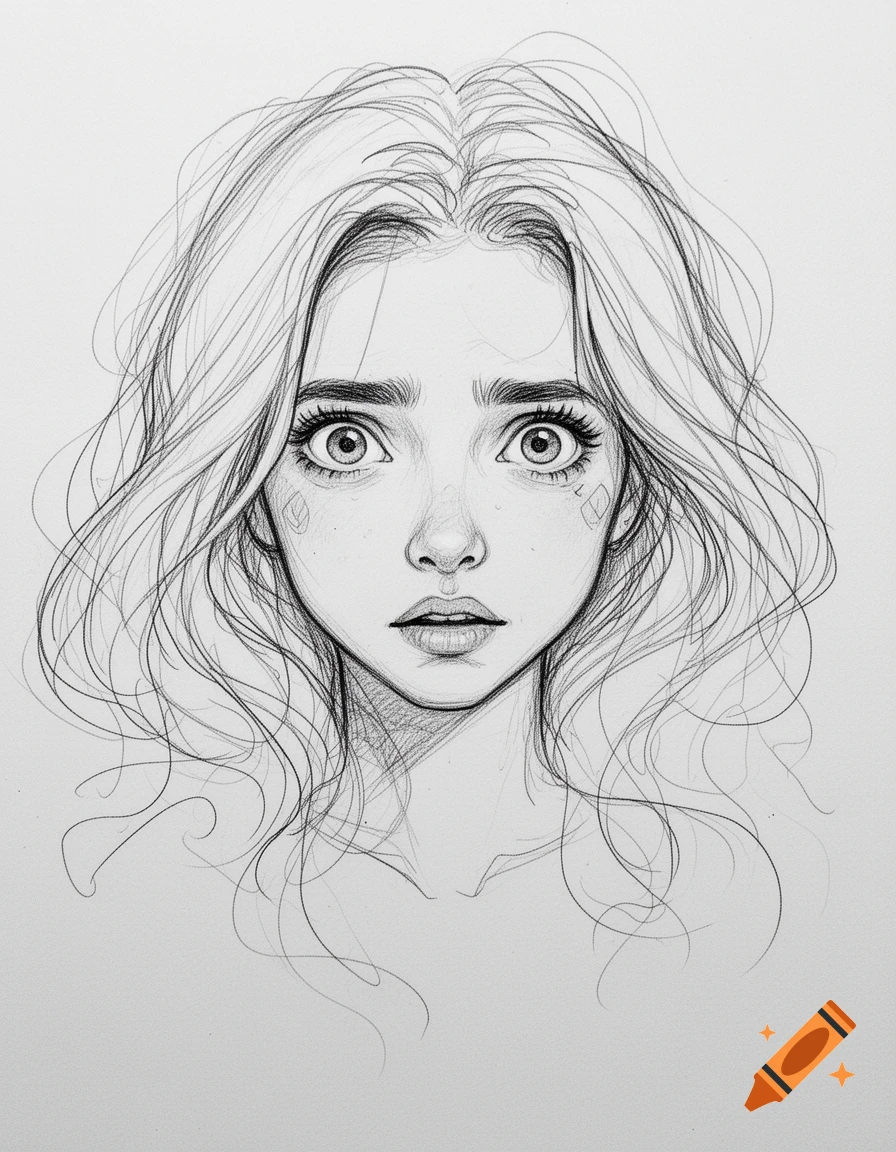 Pencil sketch portrait of a young woman with wide, doe eyes and flowing, messy hair.