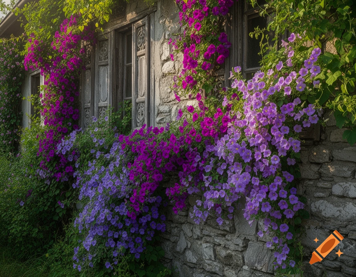 Vibrant purple and lavender climbing flowers cover the stone wall of an old house with rustic wooden windows.