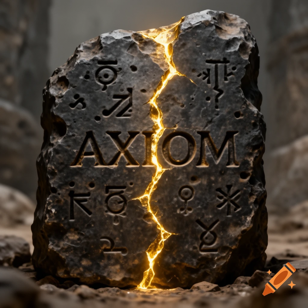 A dark, ancient stone tablet with the word 'AXIOM' carved into its face, split by a glowing golden crack, surrounded by symbols.