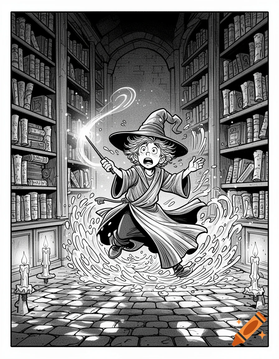 A young wizard casting a spell amidst splashing water in a dimly lit library, in black and white comic style.