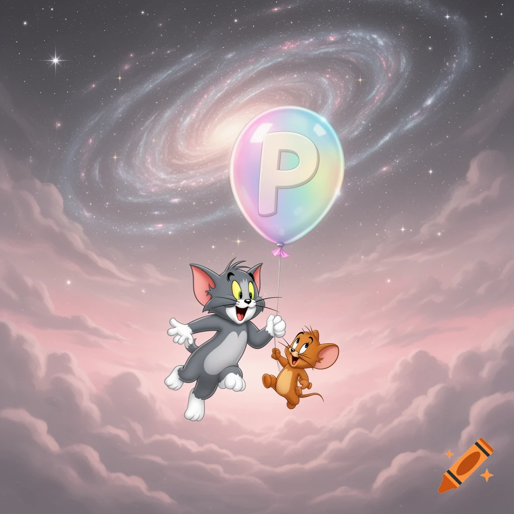 Tom and Jerry hold a rainbow 'P' balloon, floating above pink clouds with a galaxy overhead.