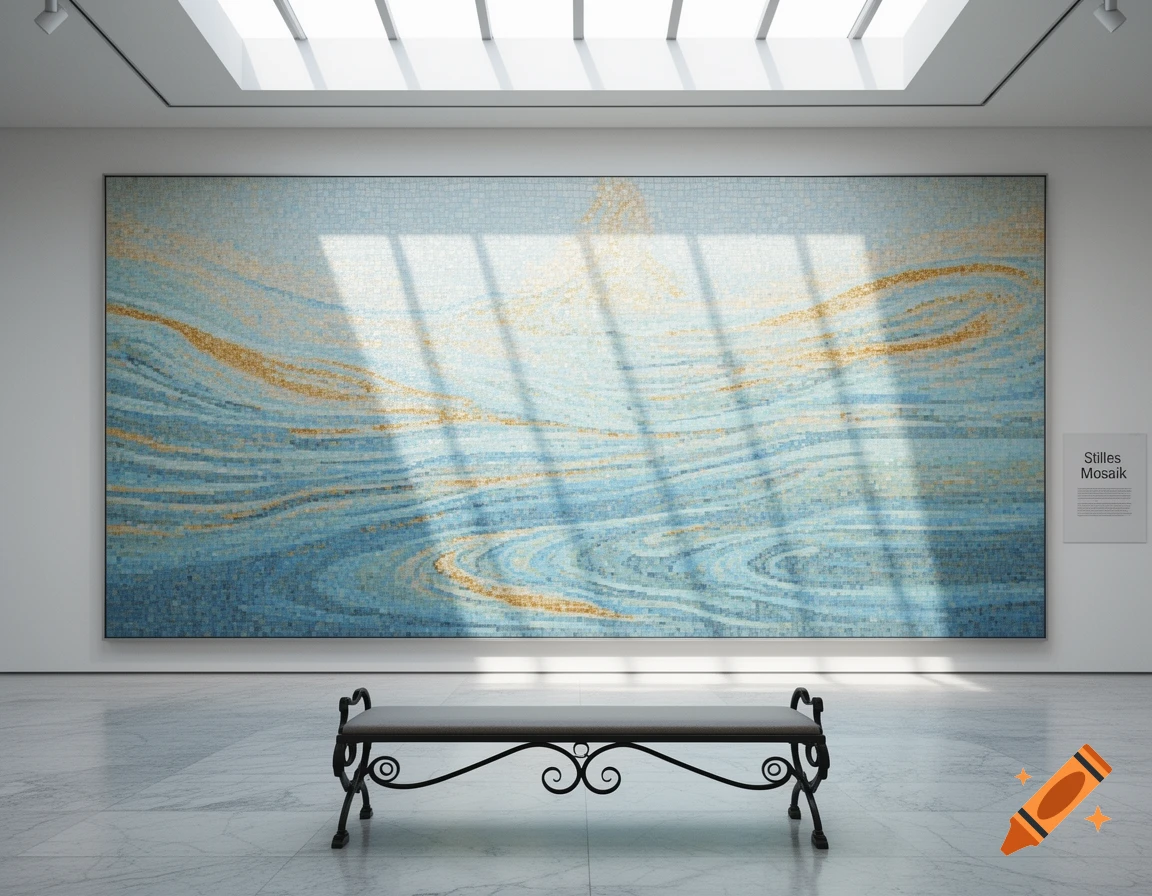 A large mosaic art piece with blue and gold wavy patterns hangs in a minimalist art gallery with a black bench and sunlight.