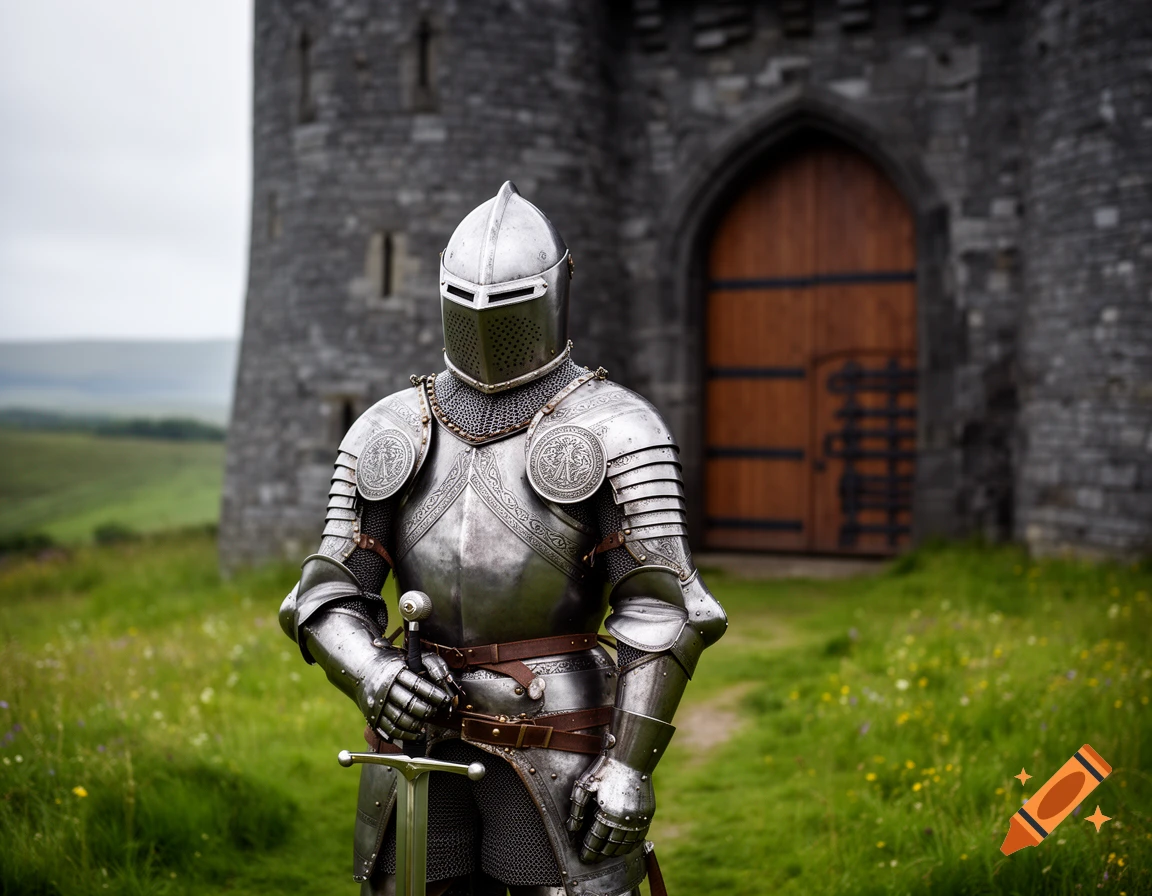 A knight in full silver armor stands holding a sword in front of a stone castle gate amidst a green, grassy landscape under a cloudy sky.