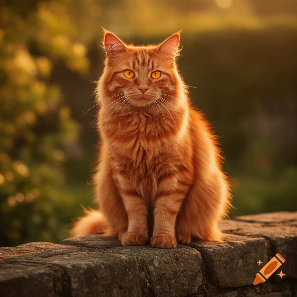 A fluffy orange cat with bright yellow-orange eyes sits on a stone wall in warm, golden light.