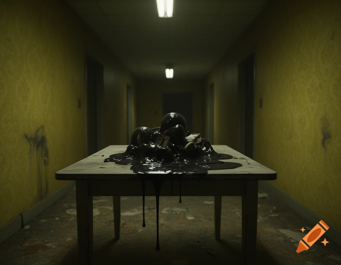 A still life shot of sticky black goo piled on a dirty table in a dimly lit, unsettling yellow hallway.