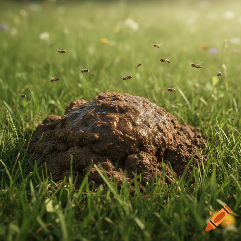A photorealistic close-up of a pile of feces in green grass, surrounded by hovering flies.