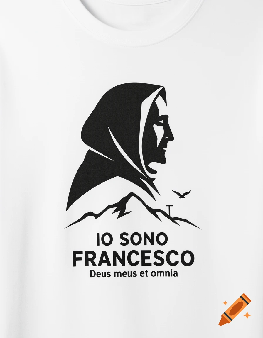 Black silhouette of Saint Francis's profile with mountains, a bird, and a Tau cross, above text 'IO SONO FRANCESCO Deus meus et omnia'.