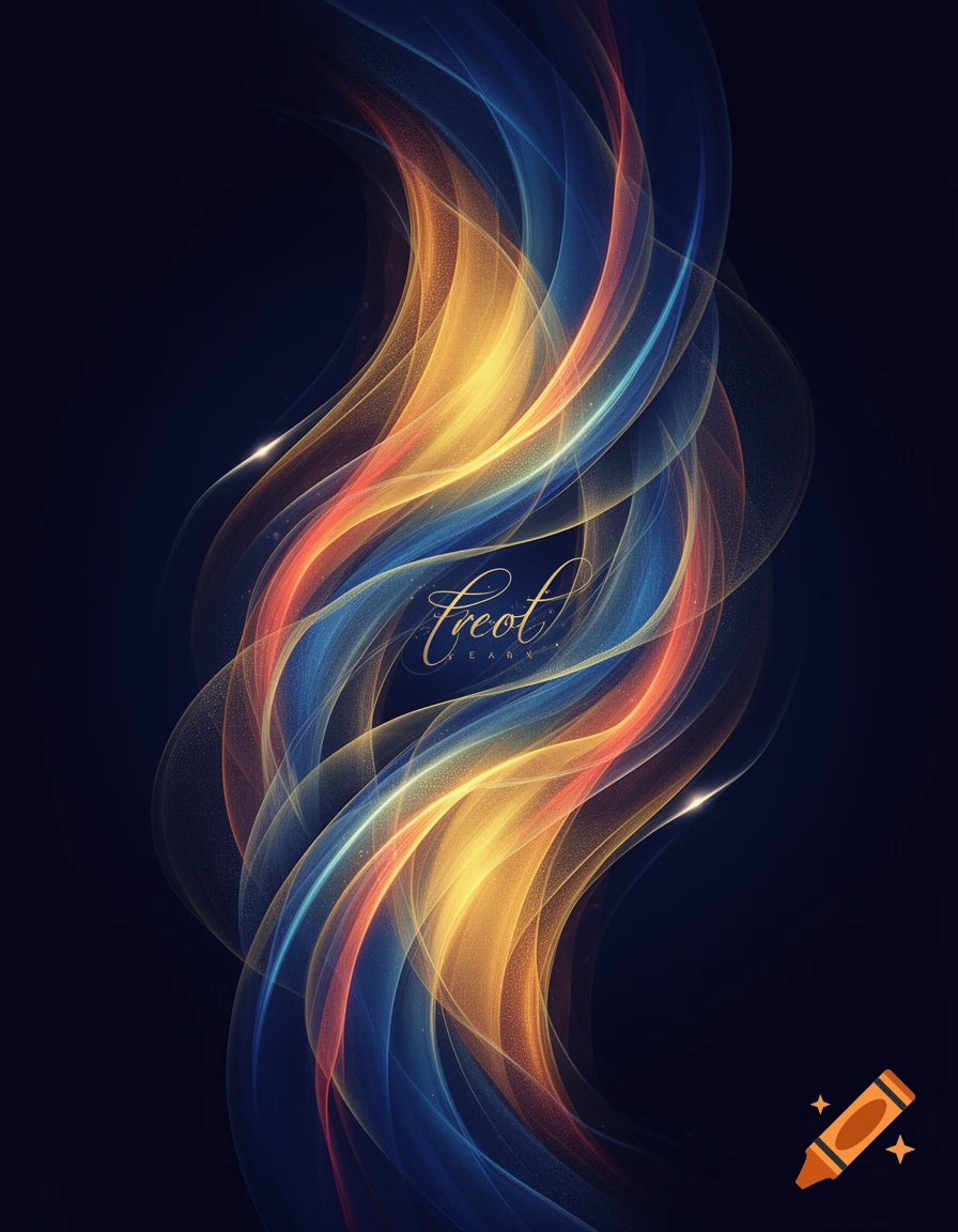 Abstract digital art featuring intertwined flowing waves of glowing gold, orange, and blue light on a dark background, with faint text in the center.