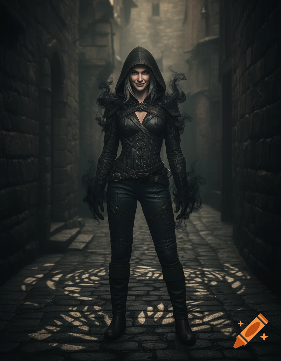 Photorealistic dark fantasy portrait of a smirking female elf rogue in a hooded black leather outfit with shadow magic, in a dim medieval alley.