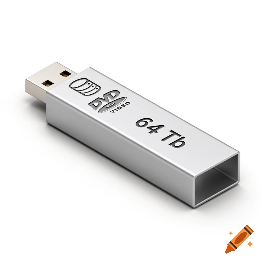 A photorealistic silver USB drive with an abstract database-like logo, 'DVD VIDEO' logo, and '64 Tb' text, on a white background.
