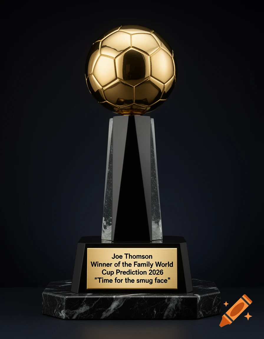 Photorealistic gold football trophy on a black and marble base with an engraved plaque.