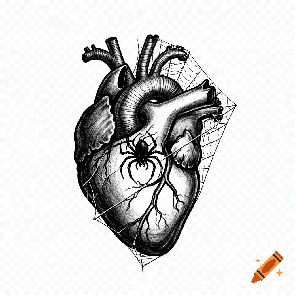Black and white gothic illustration of an anatomical heart with a spider and spiderwebs on a transparent background.
