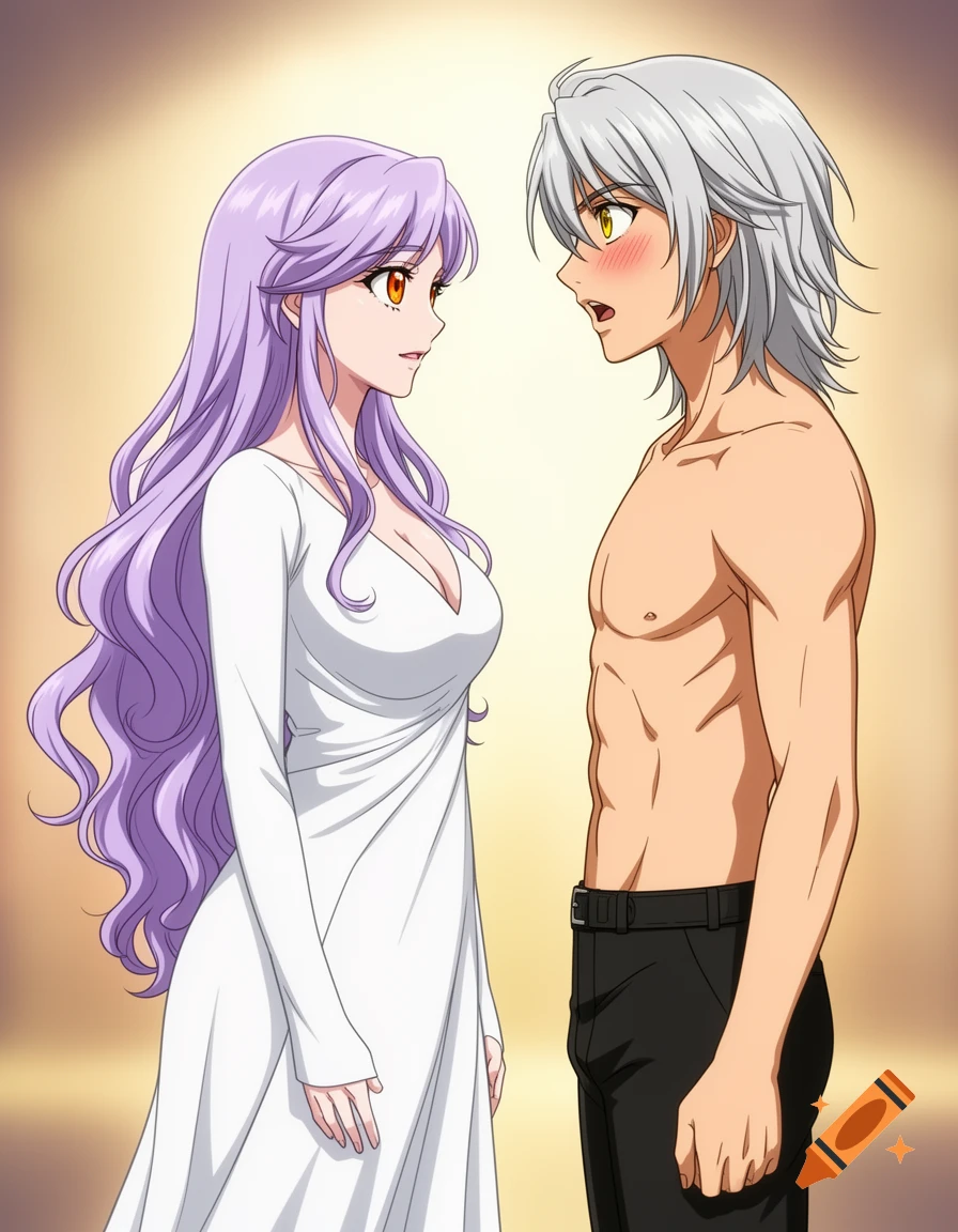 Anime art of a lavender-haired woman in a white dress looking at a shirtless, silver-haired man with yellow eyes who appears embarrassed.