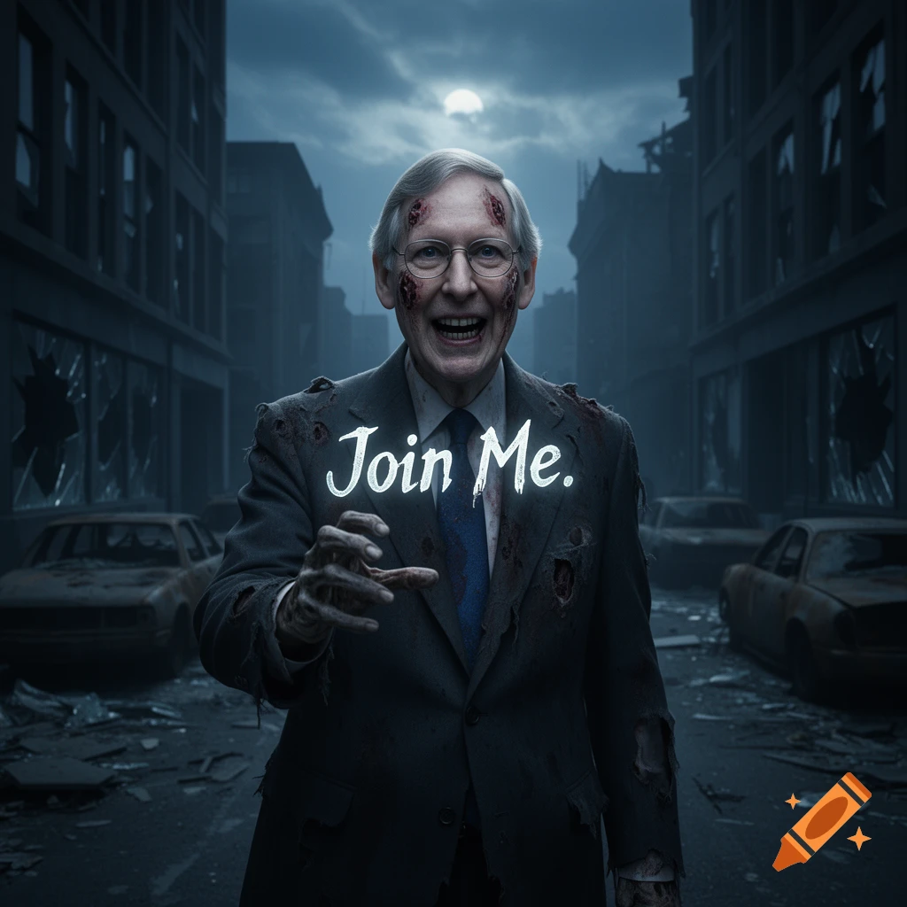 Zombie Mitch McConnell in a tattered suit reaches out in a post-apocalyptic city, text "Join Me." glows.