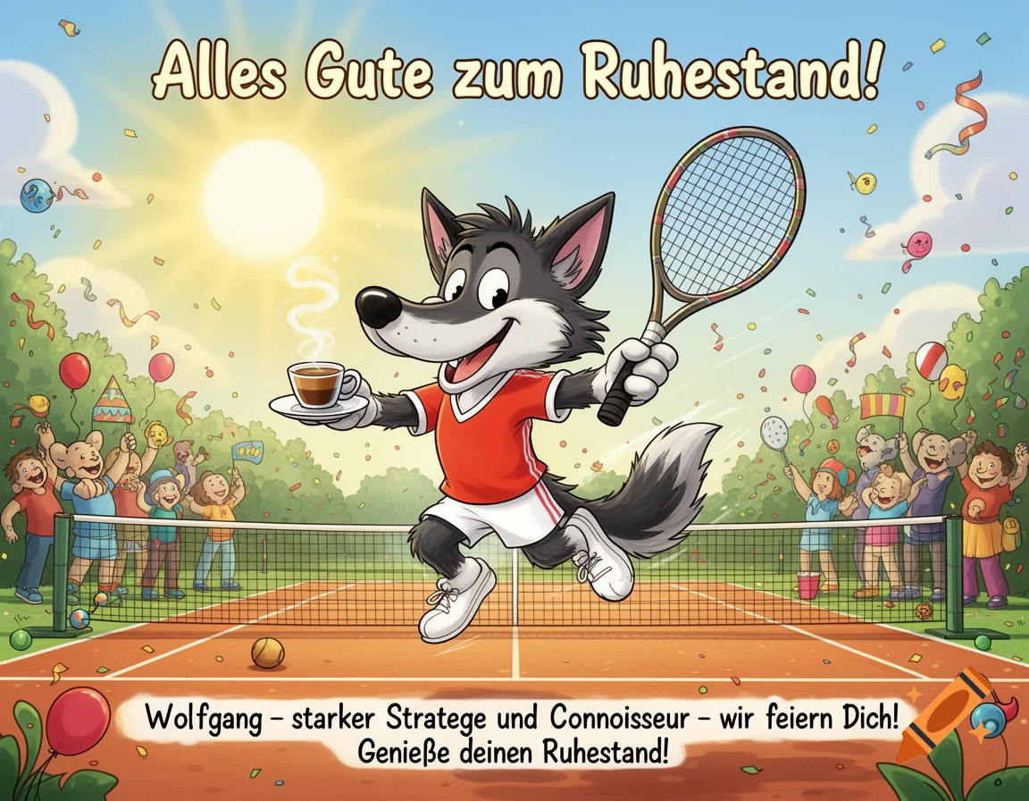 A cheerful cartoon wolf in a tennis outfit dances on a tennis court, holding a racket and a coffee cup, surrounded by a cheering crowd. Text says "Alles Gute zum Ruhestand!"