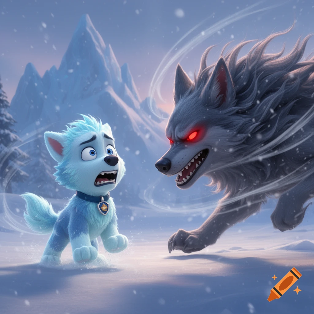 A terrified blue and white cartoon puppy faces a menacing gray wolf with glowing red eyes in a snowy mountain landscape.