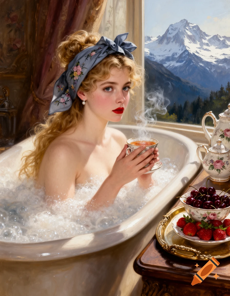 Oil painting of a young woman in a bubble bath, holding a steaming teacup, with snowy mountains visible through a window.
