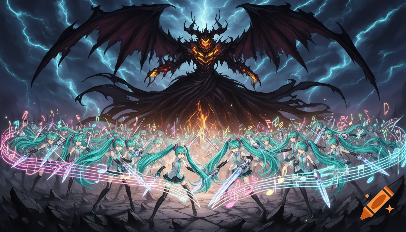 An army of Hatsune Mikus with glowing swords battles a large demon king in a stormy, lightning-filled fantasy scene.