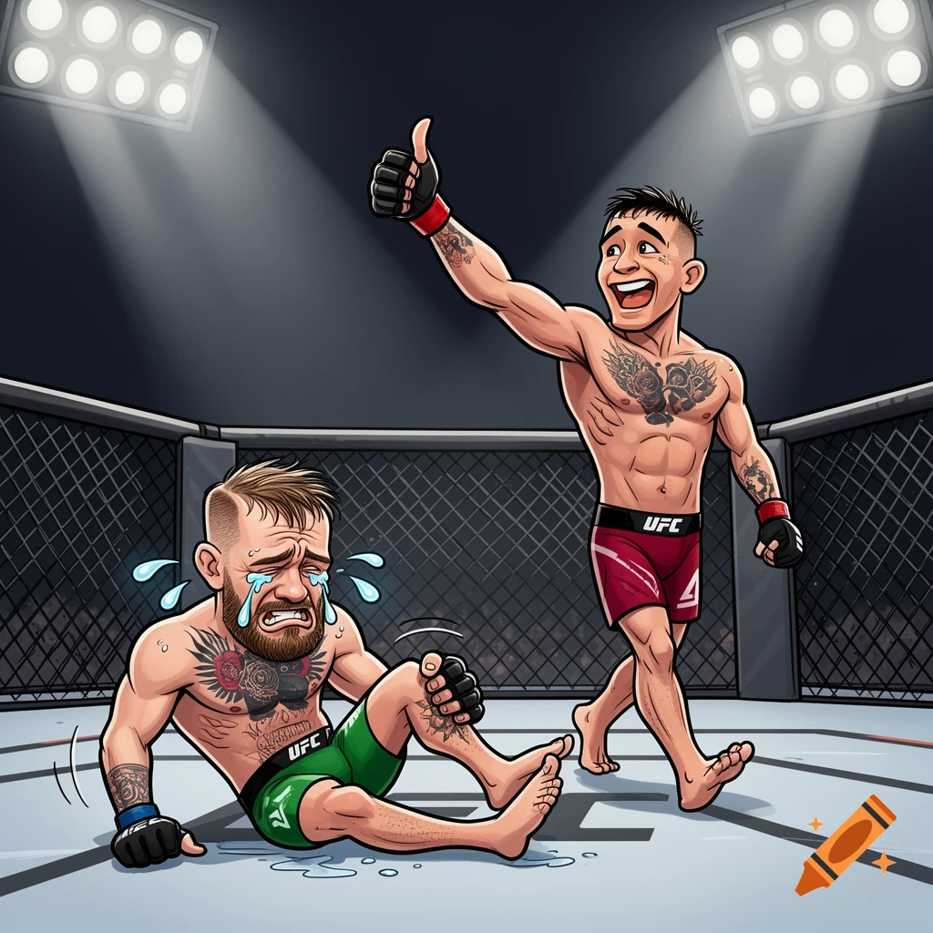 Cartoon of two UFC fighters in a cage; one on the ground crying with a knee injury, the other standing victorious with a raised thumb.