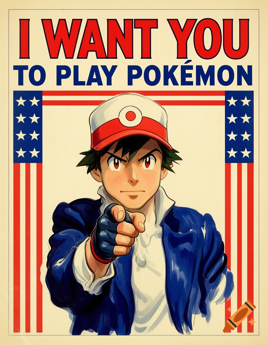 Ash Ketchum in a blue coat and red hat points forward in a propaganda poster with 'I WANT YOU TO PLAY POKÉMON' text, against a US flag background.