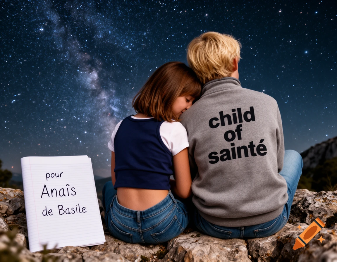 Two children sit on rocks under a starry night sky. Boy in 'child of sainté' sweater, notebook 'pour Anaïs de Basile' next to girl.
