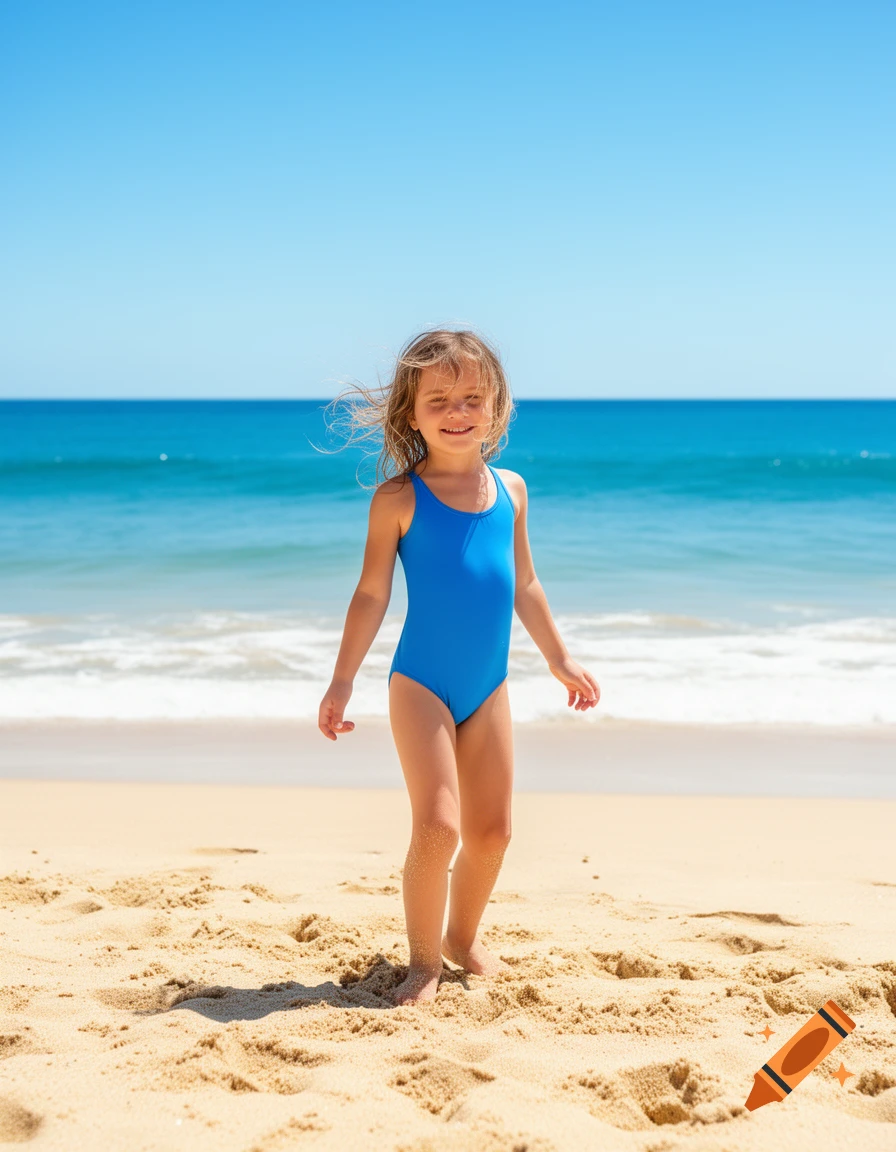 A smiling young girl in a blue swimsuit stands on a sandy beach with the ocean and clear blue sky in the background.