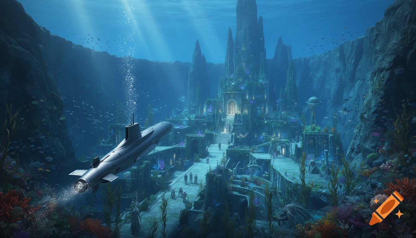 A submarine approaches a sprawling, majestic underwater city built into cliffs, surrounded by colorful coral reefs and marine life, in a realistic style.