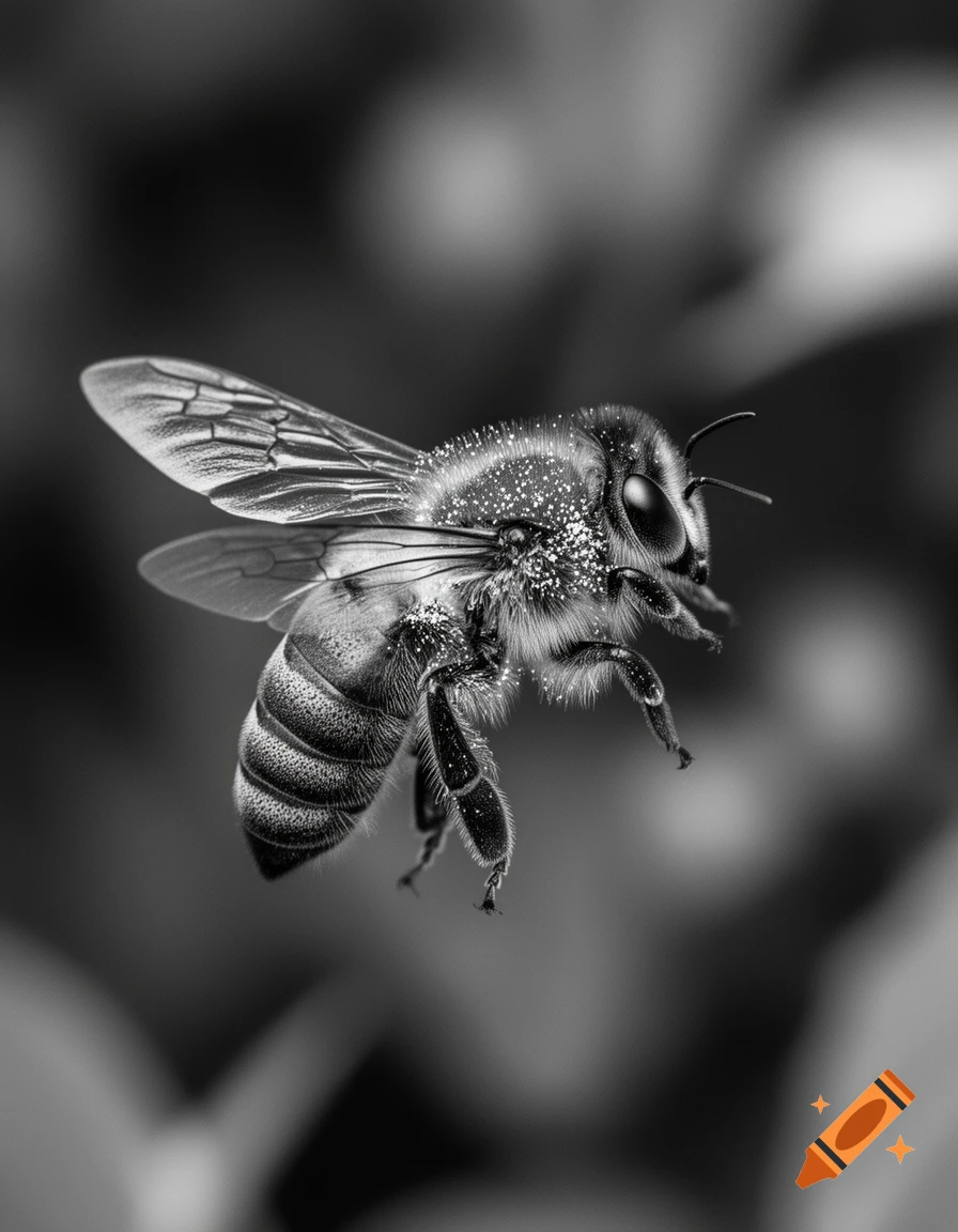 Detailed black and white close-up of a bee in mid-flight, with pollen visible on its furry body.