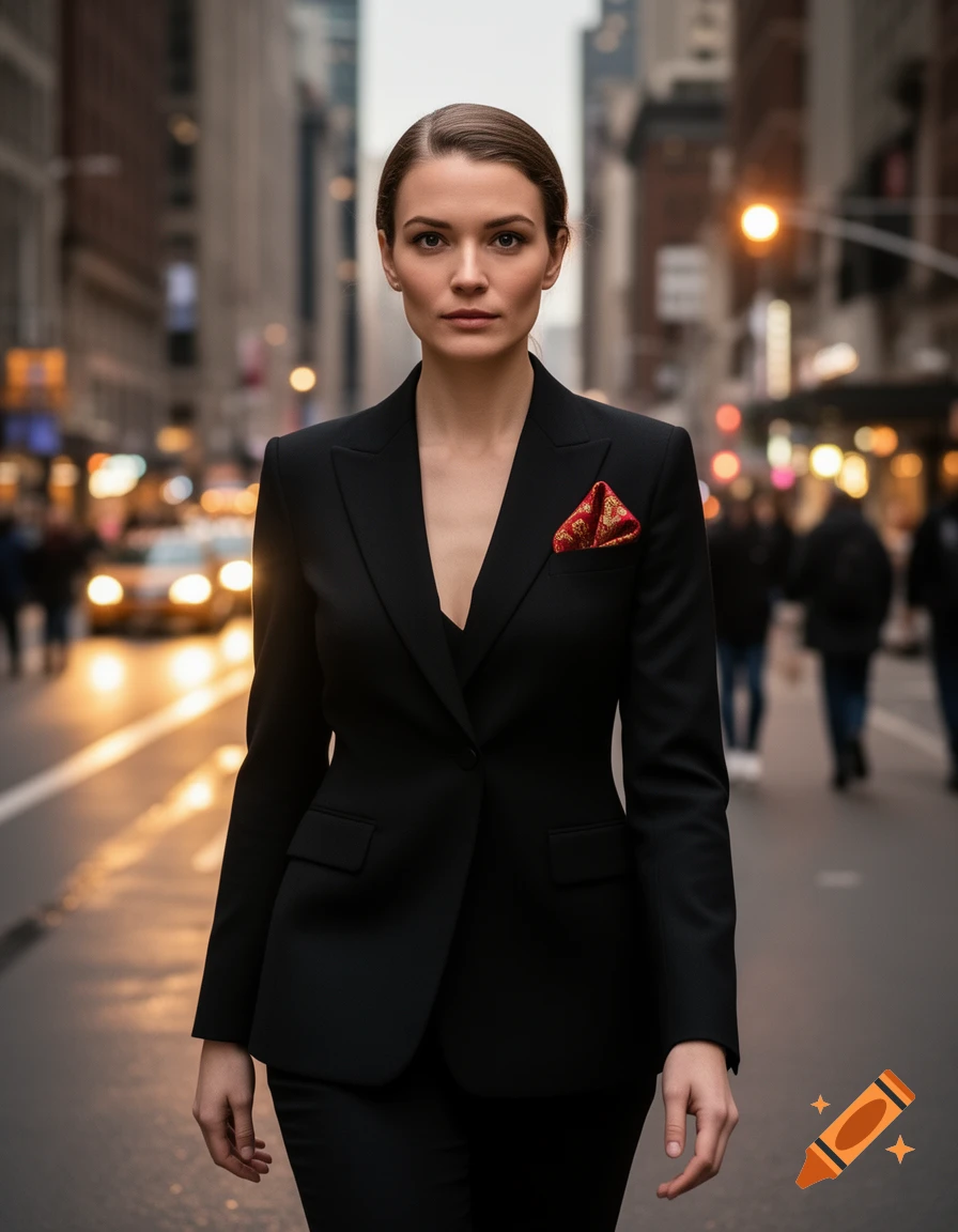 A woman in a black blazer with a red pocket square walks confidently down a city street, buildings and streetlights blurred in the background.