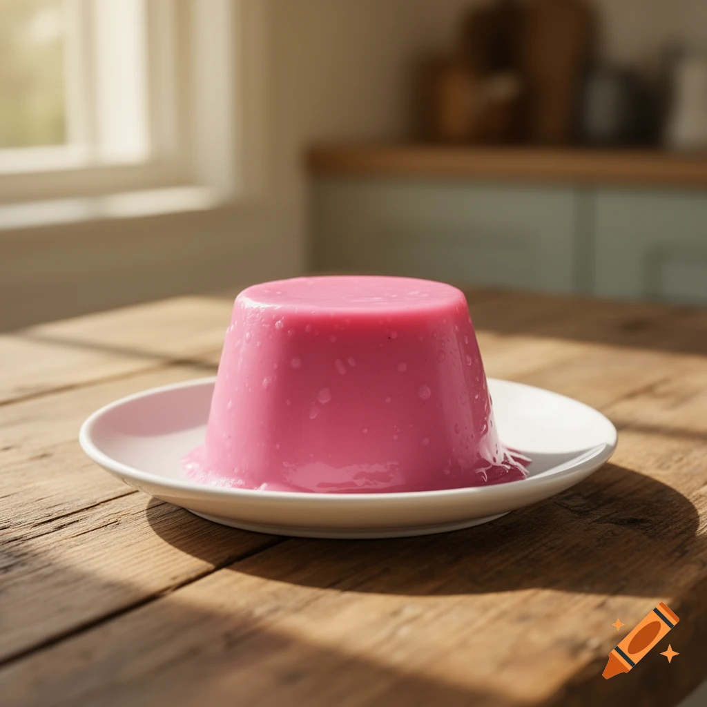 A bright pink pudding on a white plate, sitting on a sunlit rustic wooden table in a kitchen.