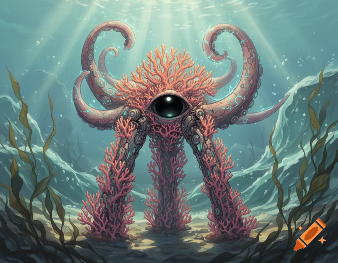 An ancient automaton creature made of coral with three legs, multiple tentacles, and a single black eye, submerged in clear blue ocean water.