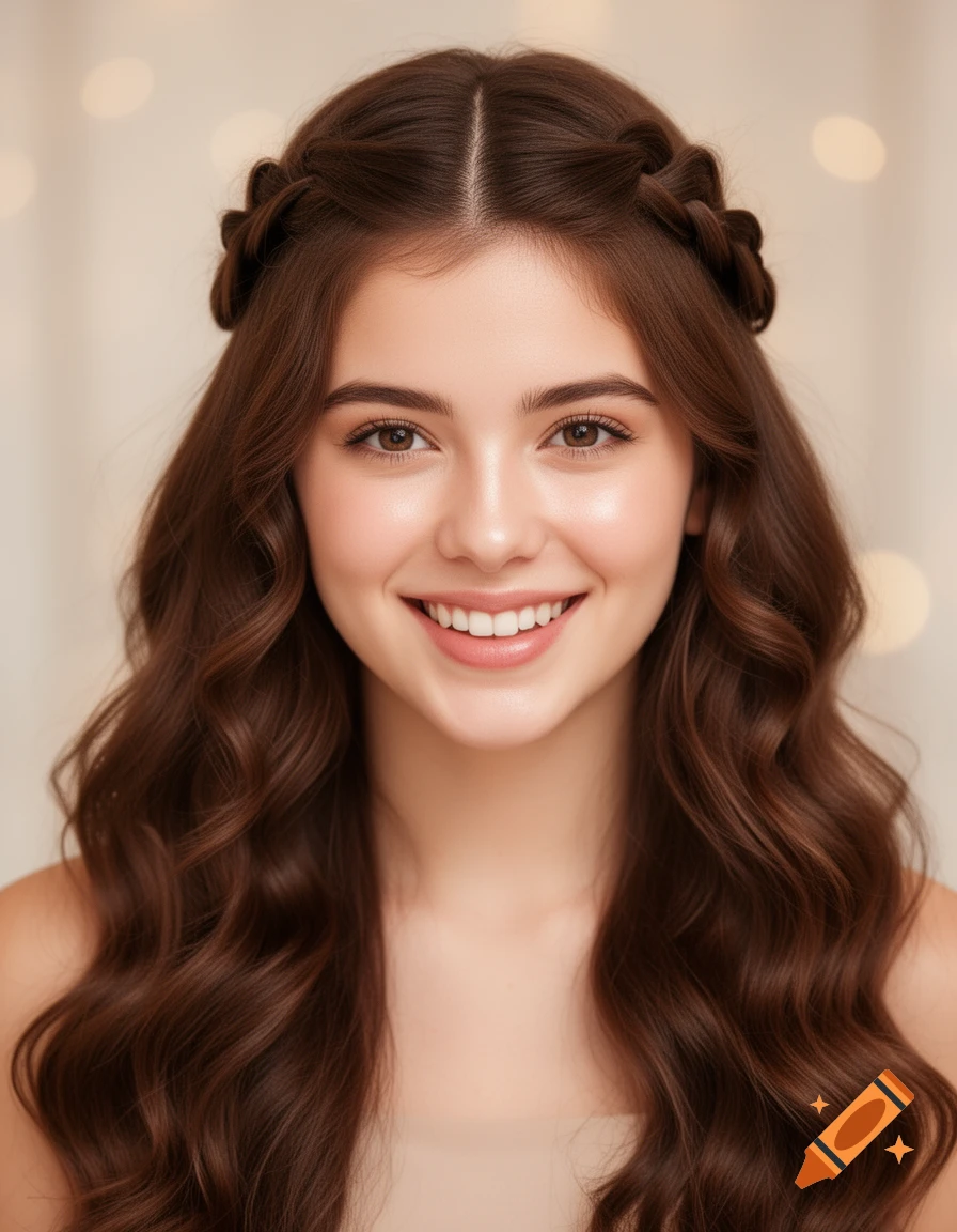 Photorealistic portrait of a smiling young woman with long wavy brown hair styled in a half-up waterfall braid.