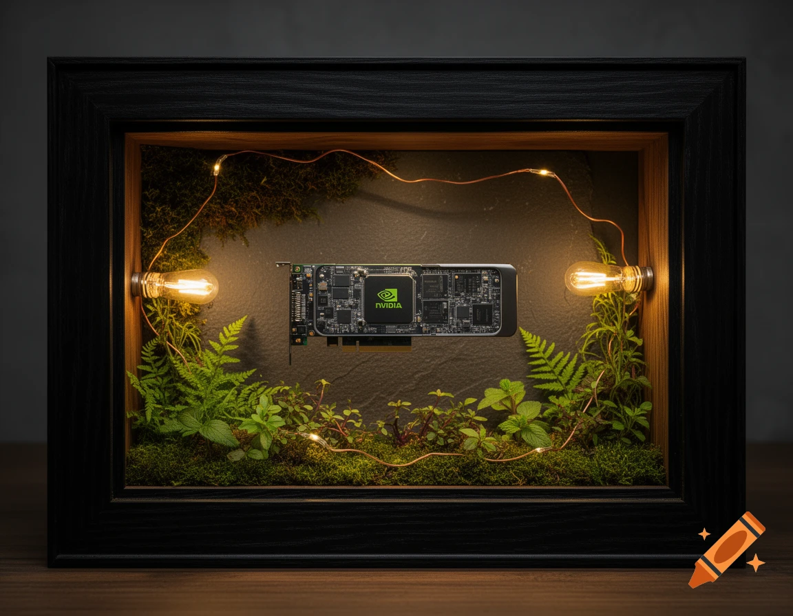 A detailed NVIDIA graphics card displayed in a black shadow box with lush green ferns, moss, and warm string lights.